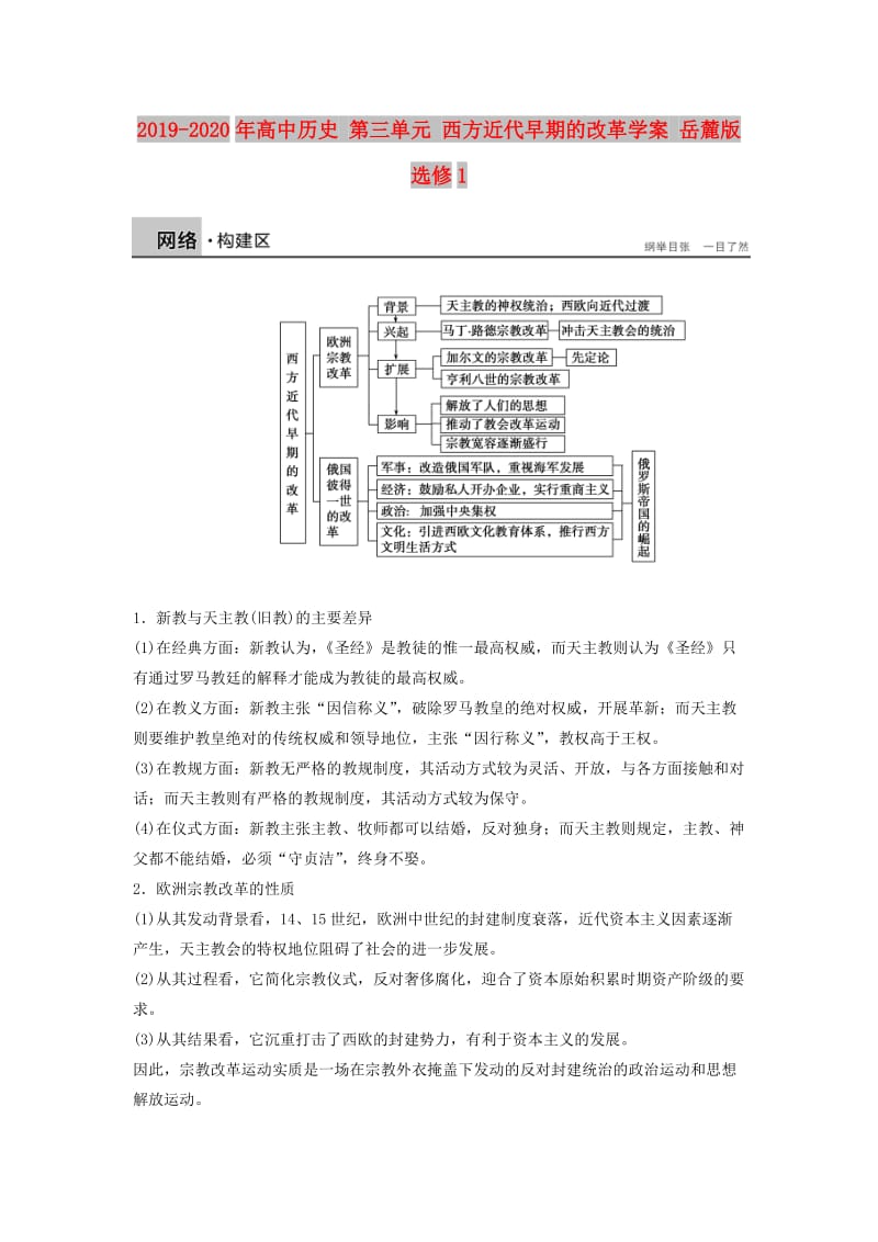 2019-2020年高中历史 第三单元 西方近代早期的改革学案 岳麓版选修1.doc_第1页