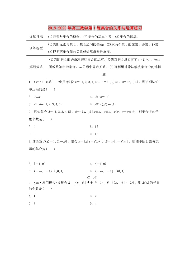 2019-2020年高三数学第1练集合的关系与运算练习.doc_第1页