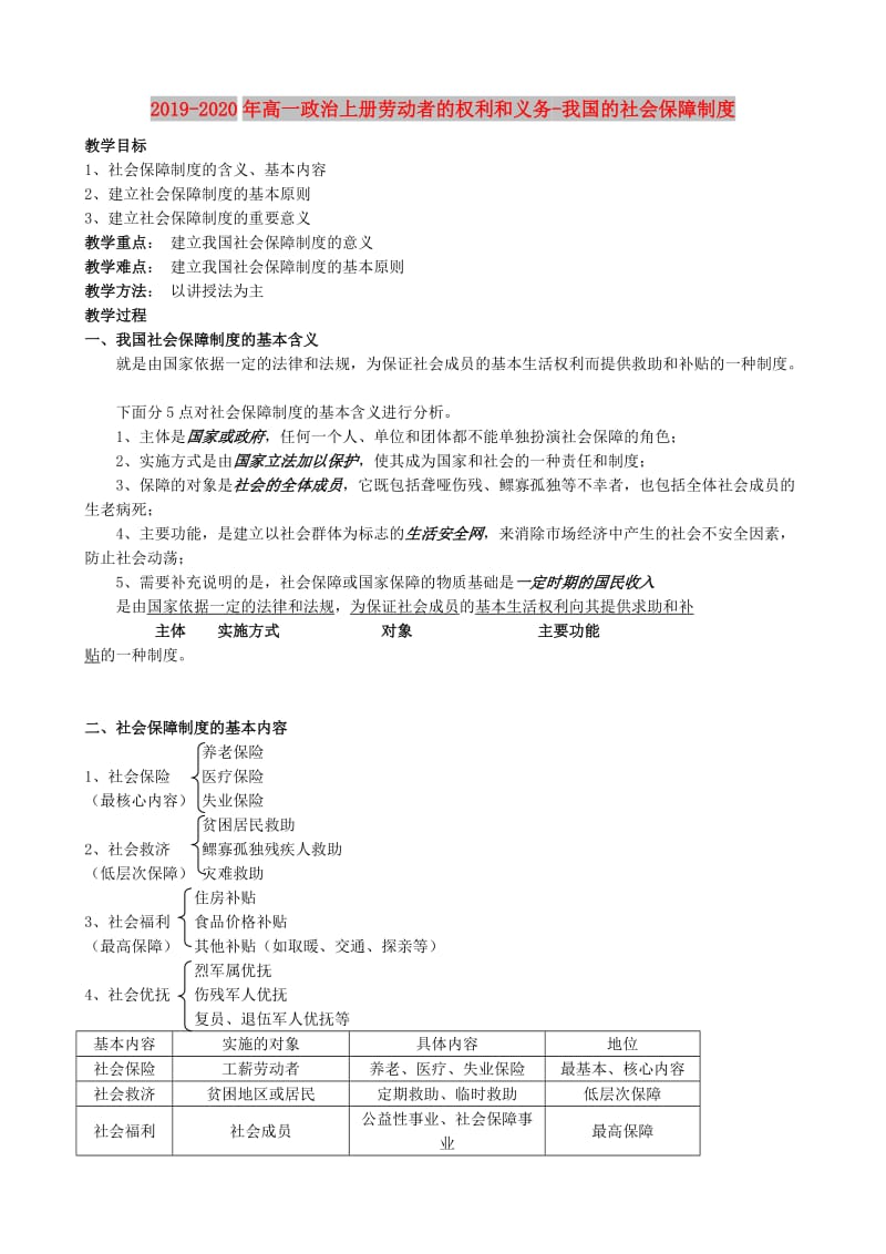 2019-2020年高一政治上册劳动者的权利和义务-我国的社会保障制度.doc_第1页