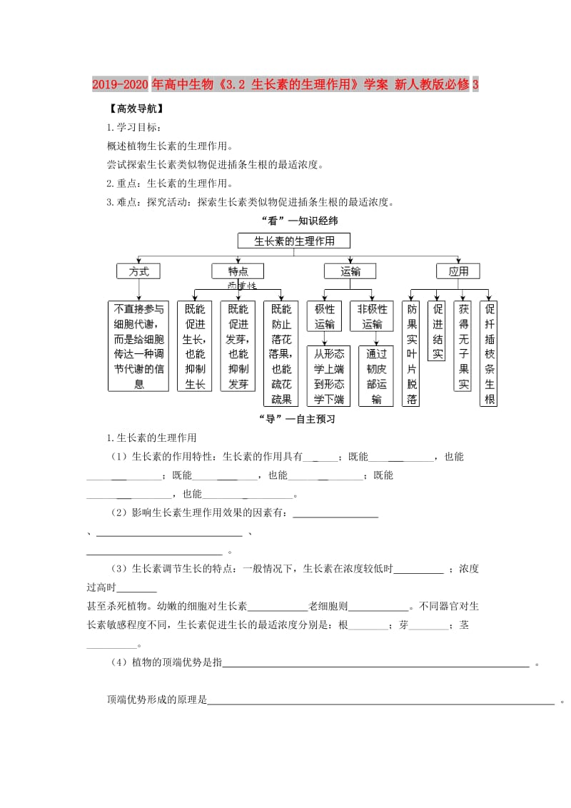 2019-2020年高中生物《3.2 生长素的生理作用》学案 新人教版必修3.doc_第1页