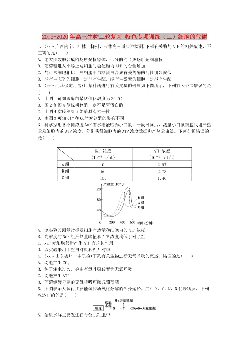 2019-2020年高三生物二轮复习 特色专项训练（二）细胞的代谢.doc_第1页