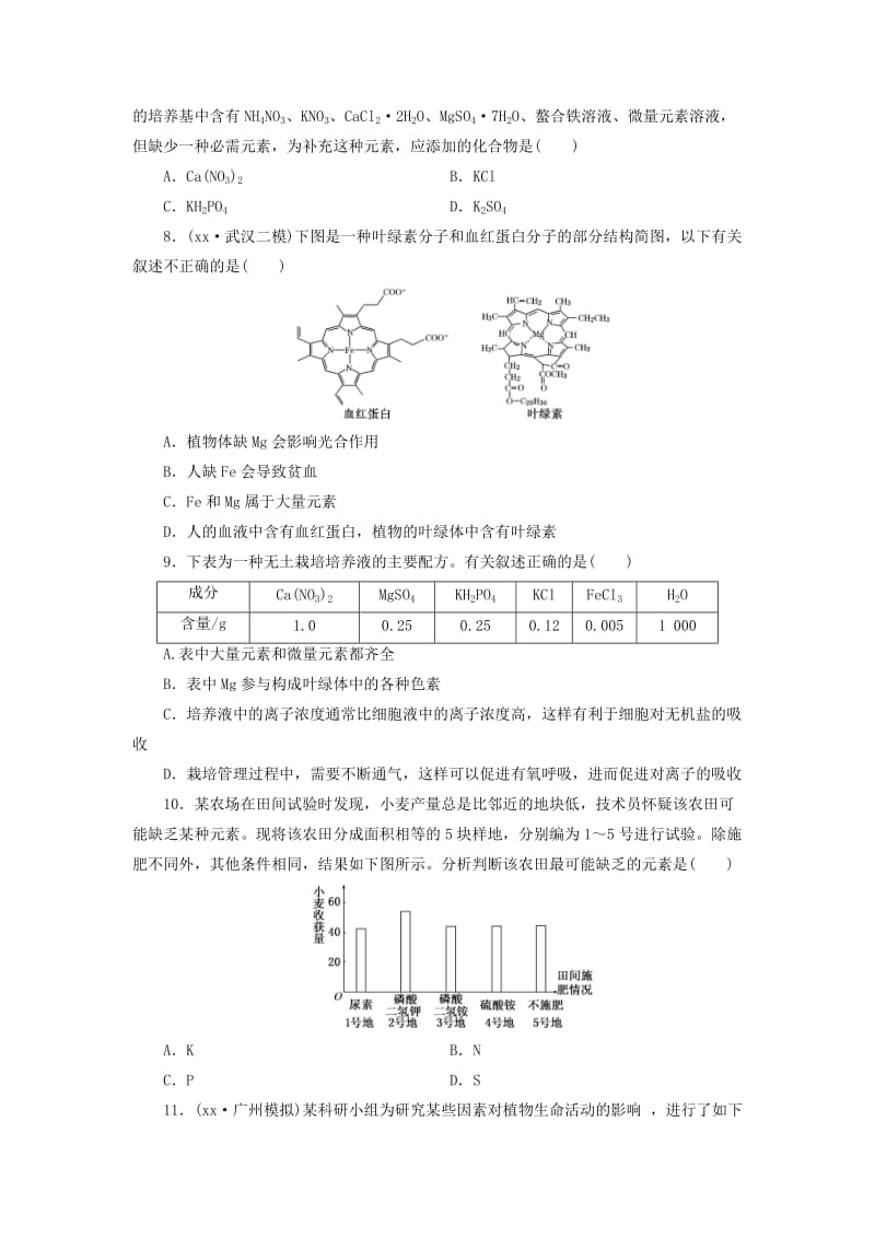 2019-2020年高三生物一轮复习 第一单元 第二讲 组成细胞的元素及无机化合物课时跟踪检测 新人教版必修1.doc_第2页