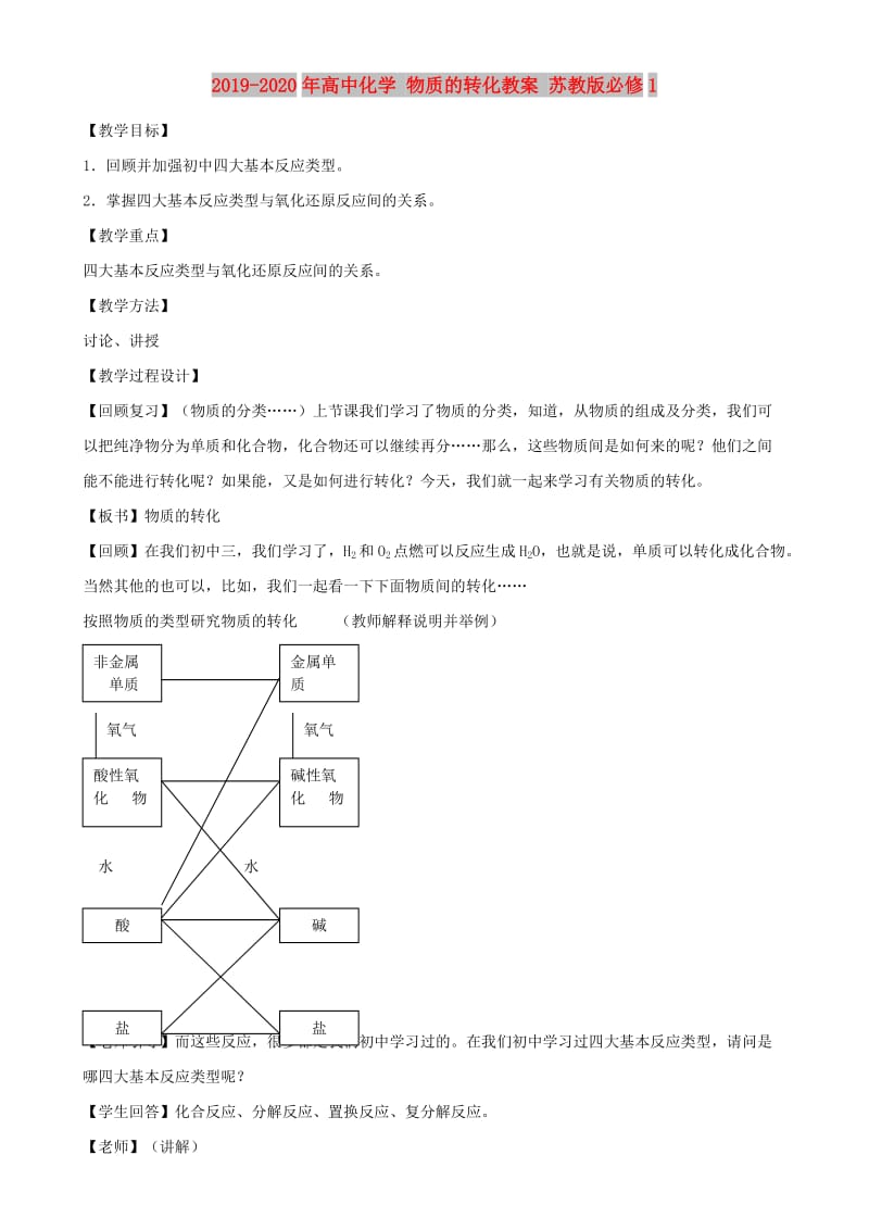 2019-2020年高中化学 物质的转化教案 苏教版必修1.doc_第1页