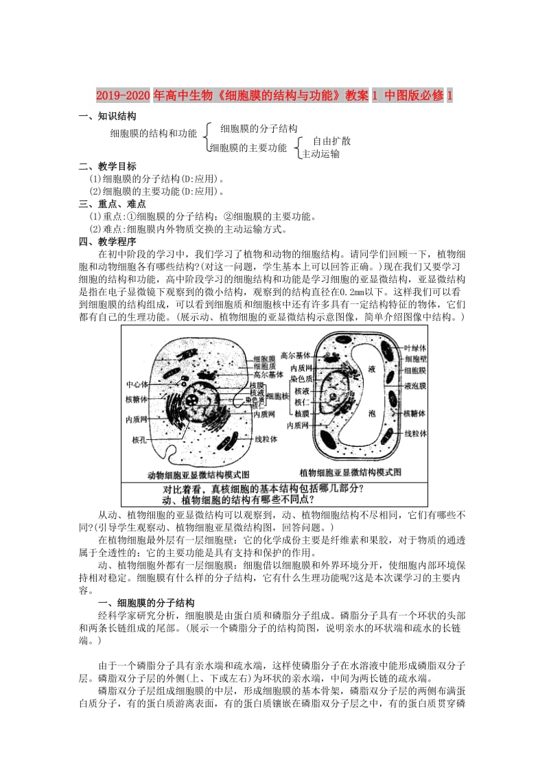 2019-2020年高中生物《细胞膜的结构与功能》教案1 中图版必修1.doc_第1页