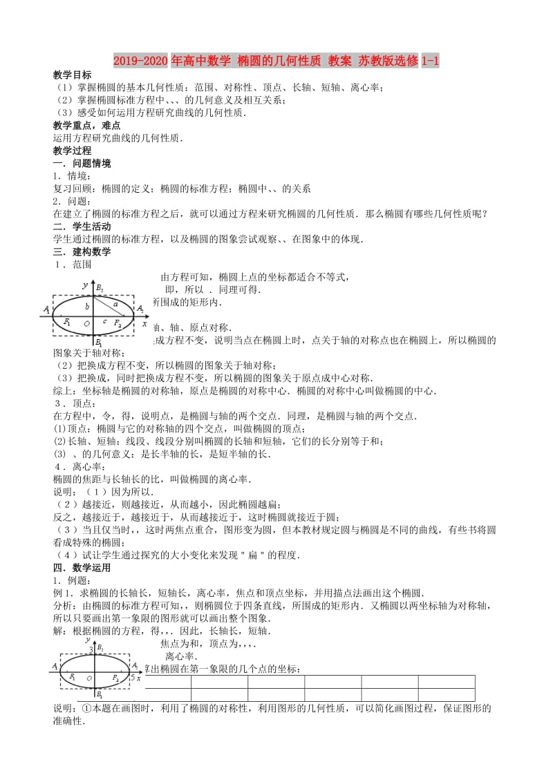 2019-2020年高中数学 椭圆的几何性质 教案 苏教版选修1-1.doc_第1页