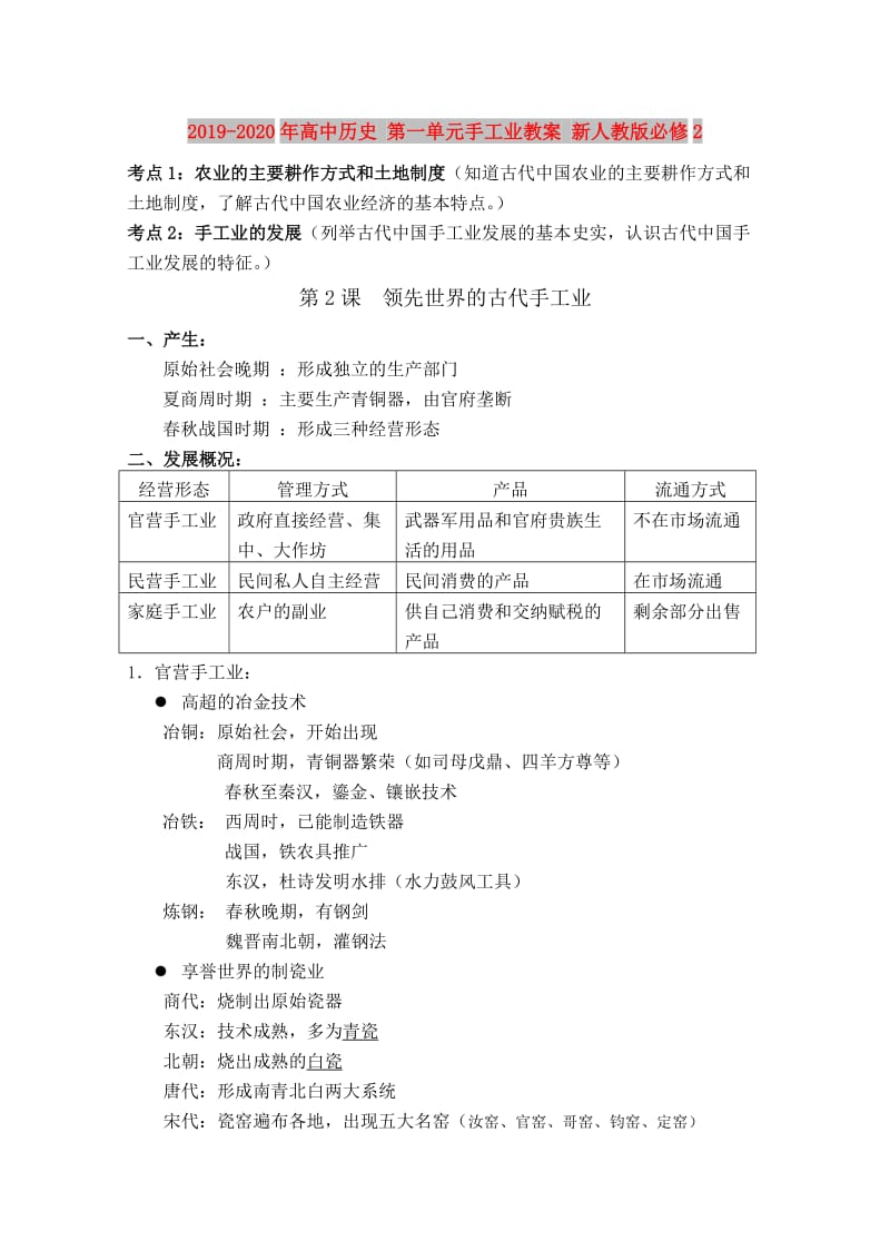 2019-2020年高中历史 第一单元手工业教案 新人教版必修2.doc_第1页