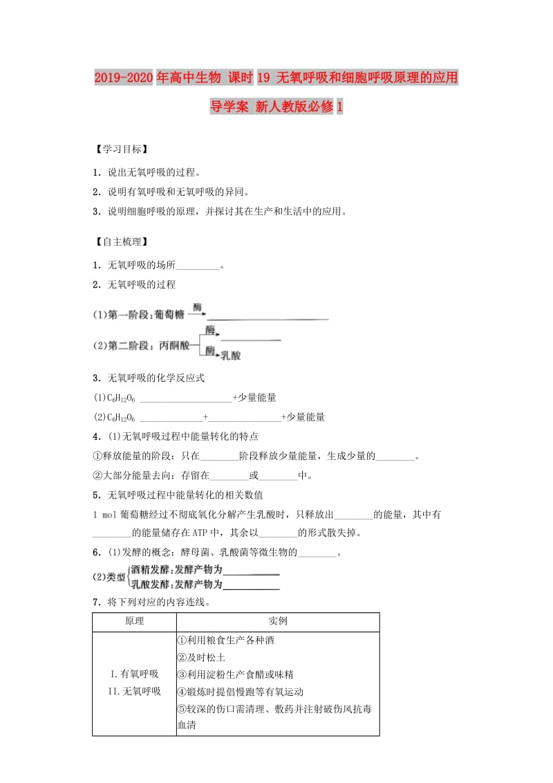 2019-2020年高中生物 课时19 无氧呼吸和细胞呼吸原理的应用导学案 新人教版必修1.doc_第1页