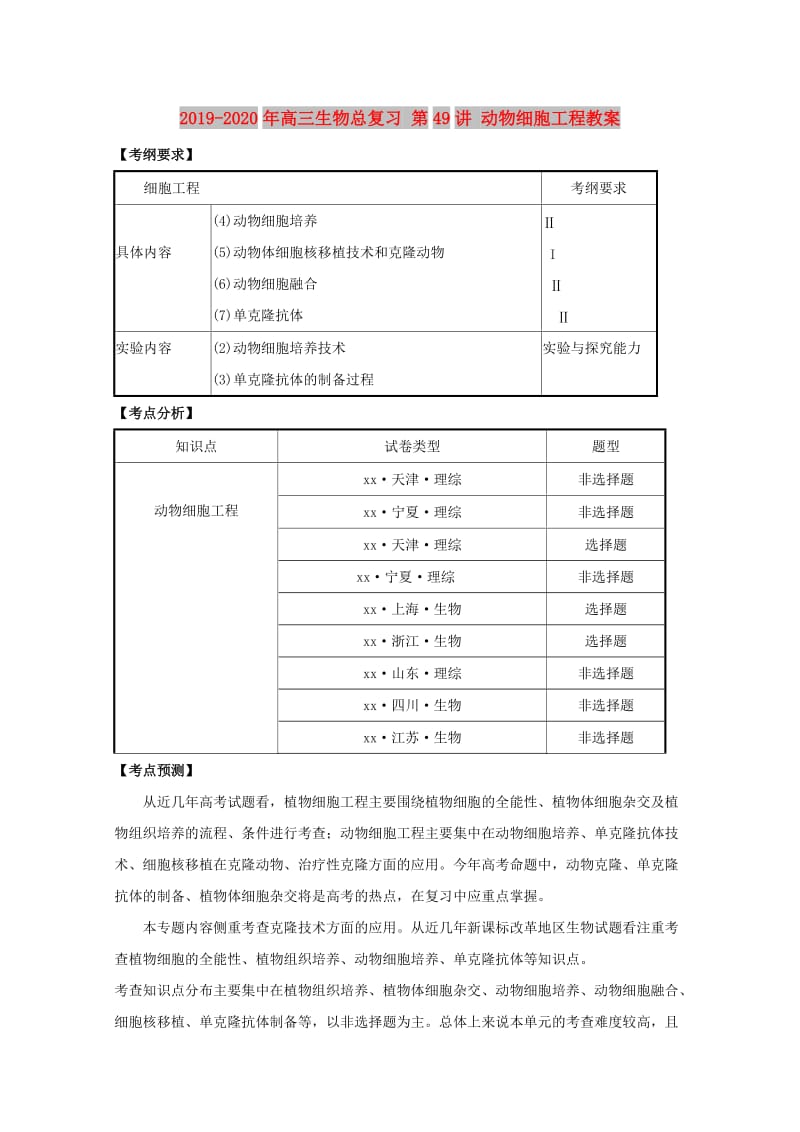 2019-2020年高三生物总复习 第49讲 动物细胞工程教案.doc_第1页