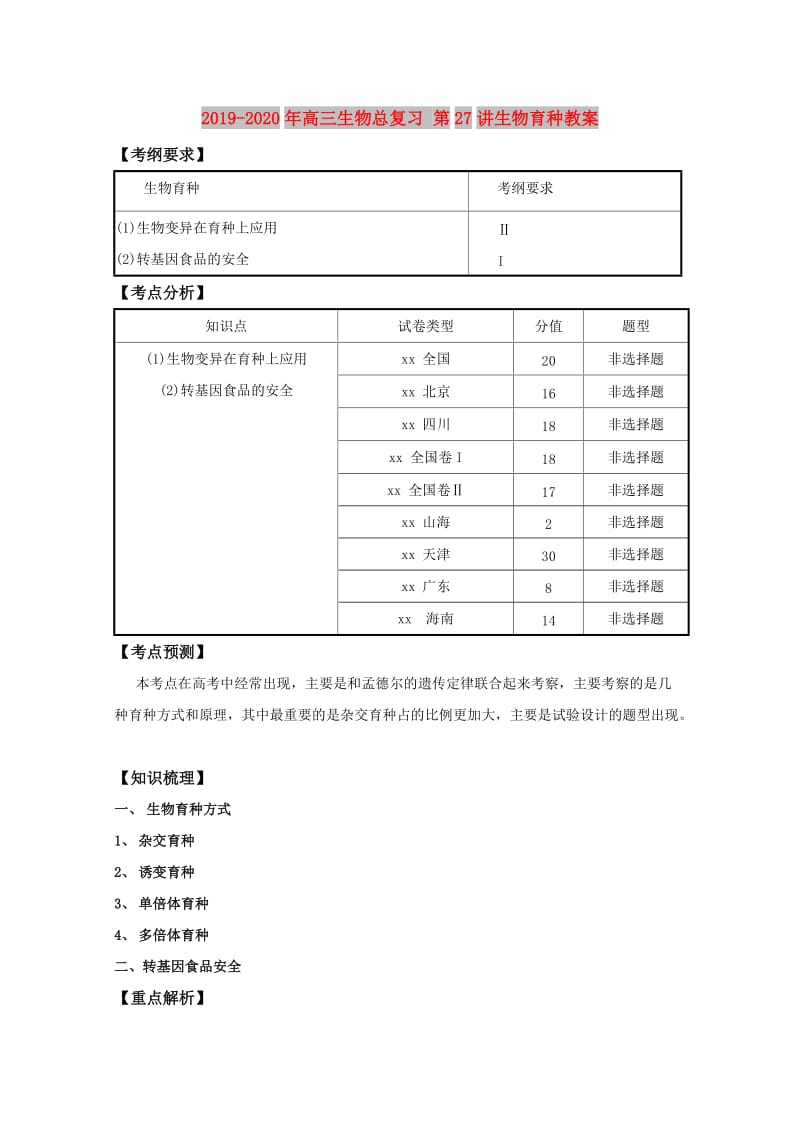 2019-2020年高三生物总复习 第27讲生物育种教案.doc_第1页