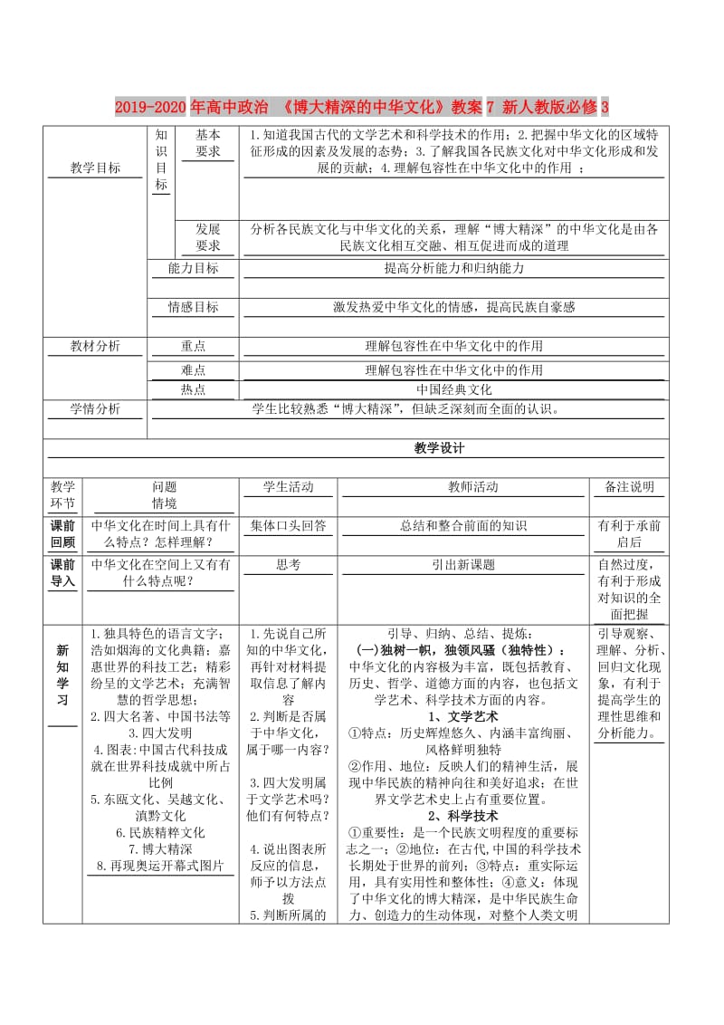 2019-2020年高中政治 《博大精深的中华文化》教案7 新人教版必修3.doc_第1页