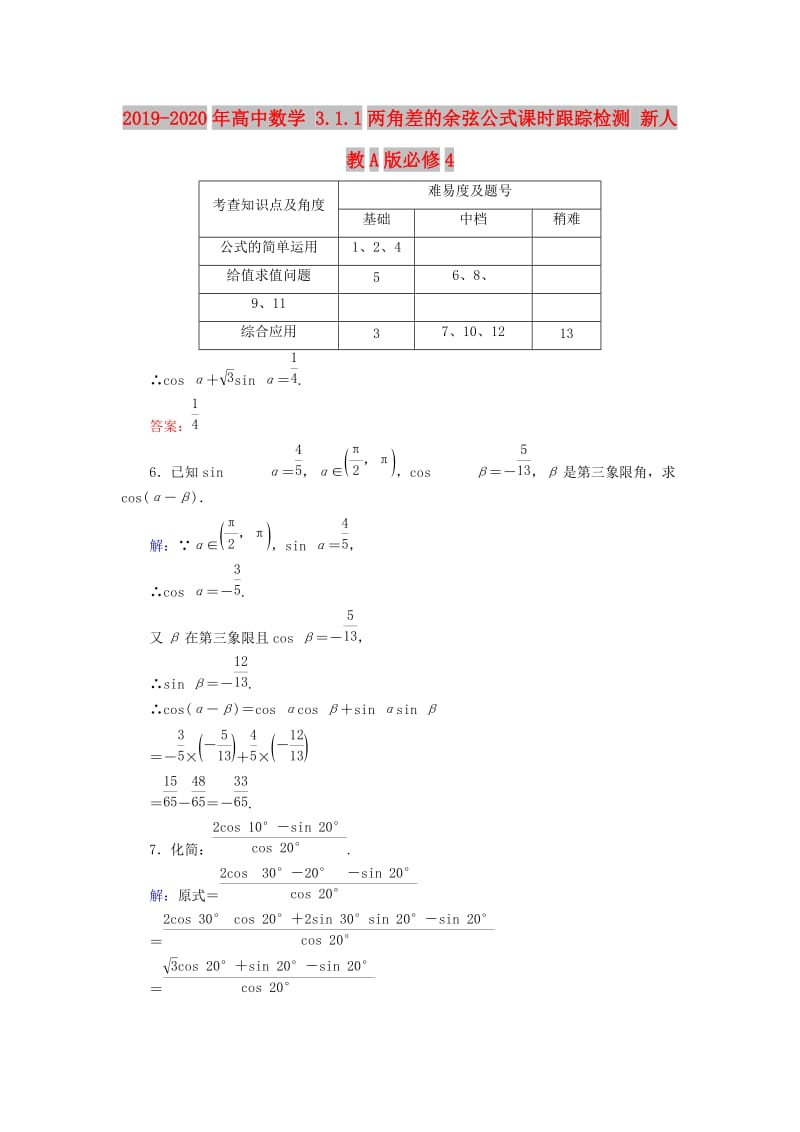 2019-2020年高中数学 3.1.1两角差的余弦公式课时跟踪检测 新人教A版必修4.doc_第1页