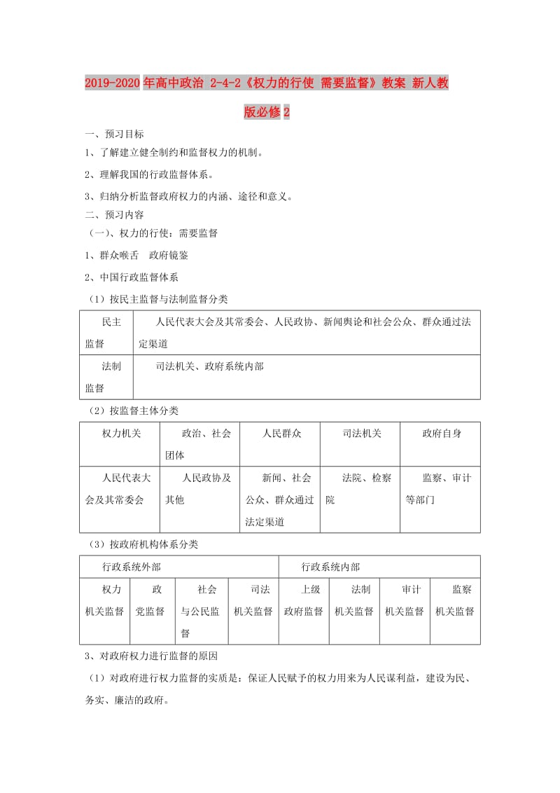 2019-2020年高中政治 2-4-2《权力的行使 需要监督》教案 新人教版必修2.doc_第1页