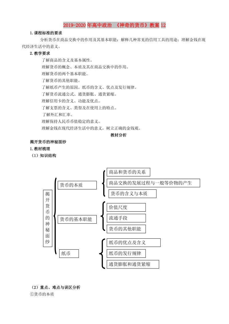 2019-2020年高中政治 《神奇的货币》教案12.doc_第1页