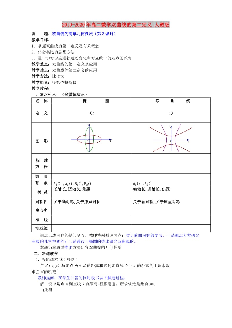 2019-2020年高二数学双曲线的第二定义 人教版.doc_第1页