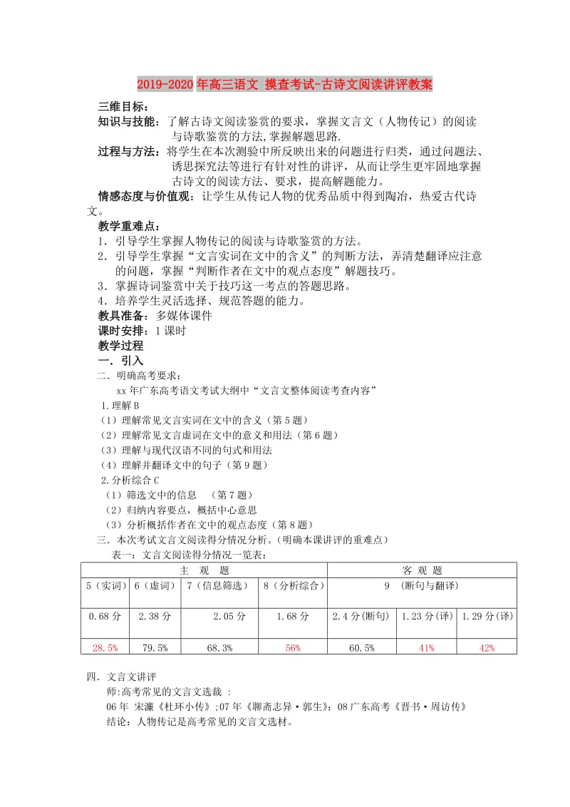 2019-2020年高三语文 摸查考试-古诗文阅读讲评教案.doc_第1页