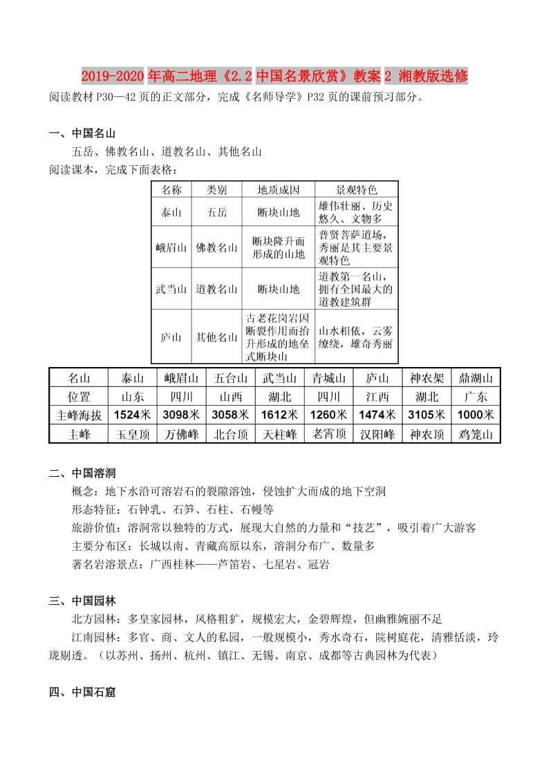 2019-2020年高二地理《2.2中国名景欣赏》教案2 湘教版选修.doc_第1页