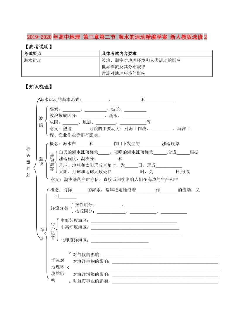 2019-2020年高中地理 第三章第二节 海水的运动精编学案 新人教版选修2.doc_第1页