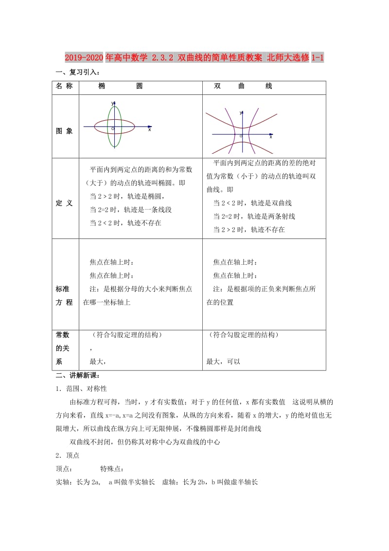 2019-2020年高中数学 2.3.2 双曲线的简单性质教案 北师大选修1-1.doc_第1页