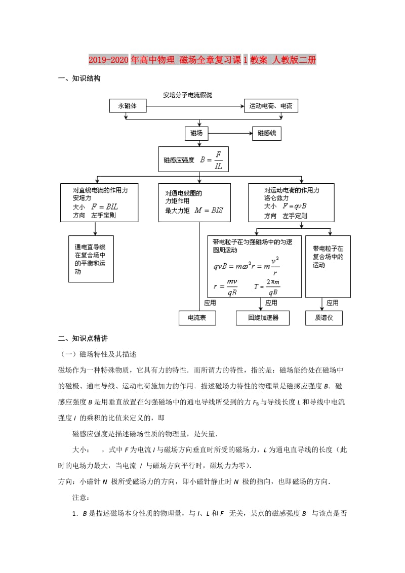 2019-2020年高中物理 磁场全章复习课1教案 人教版二册.doc_第1页