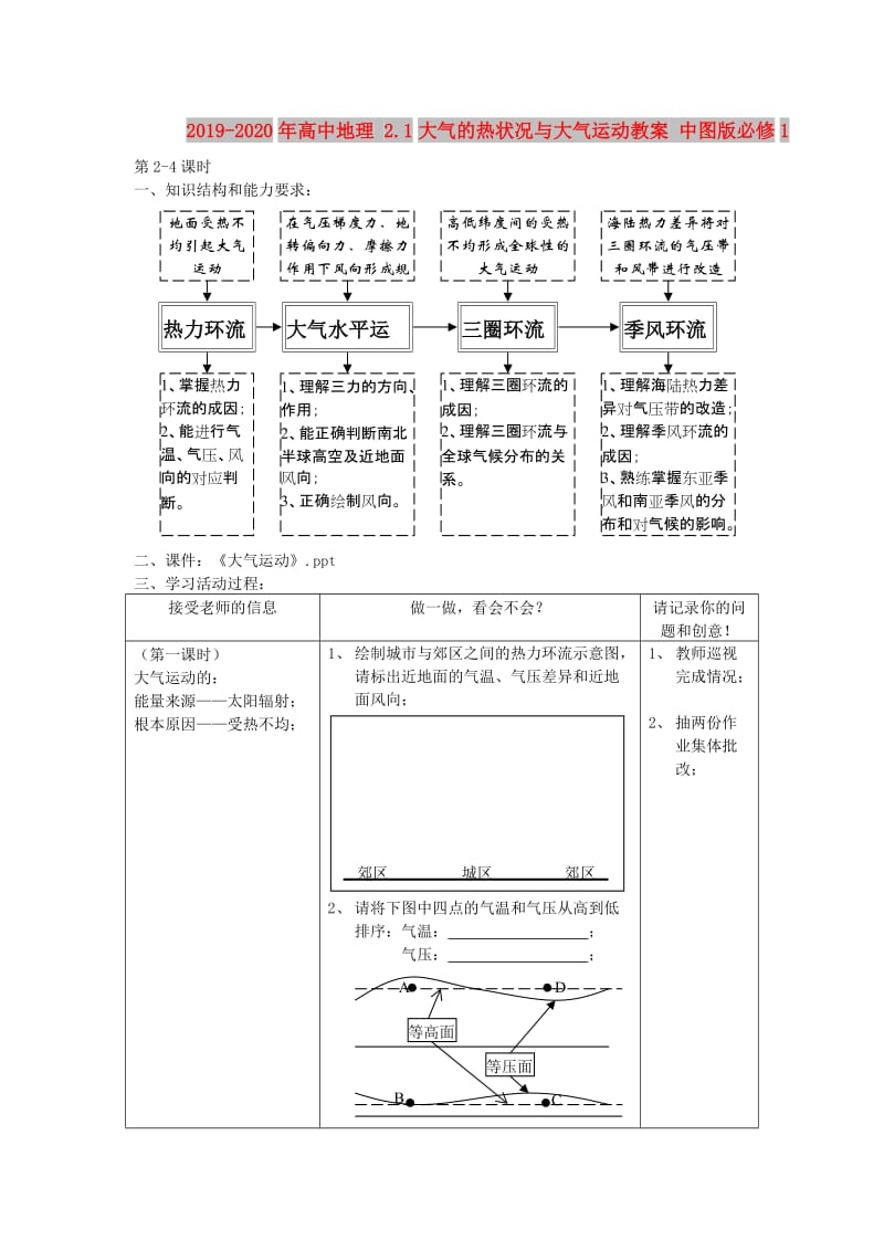 2019-2020年高中地理 2.1大气的热状况与大气运动教案 中图版必修1.doc_第1页