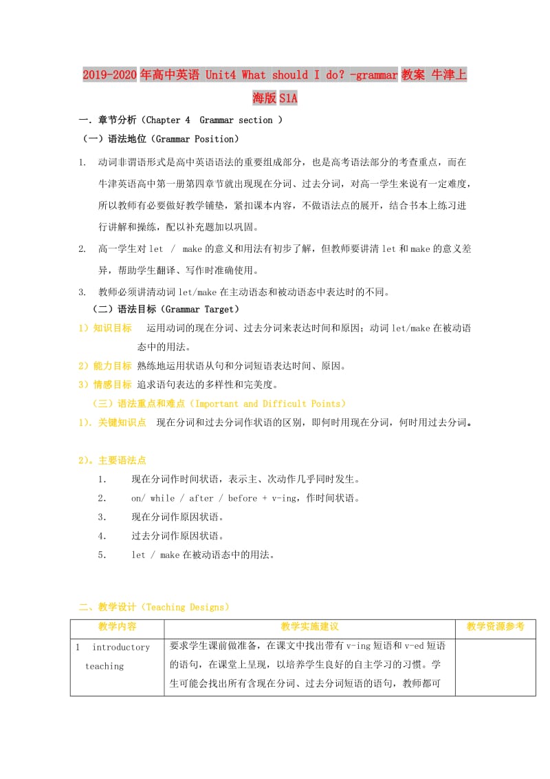 2019-2020年高中英语 Unit4 What should I do？-grammar教案 牛津上海版S1A.doc_第1页