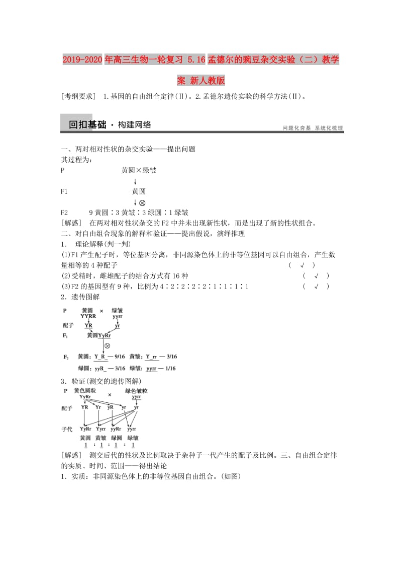 2019-2020年高三生物一轮复习 5.16孟德尔的豌豆杂交实验（二）教学案 新人教版.doc_第1页