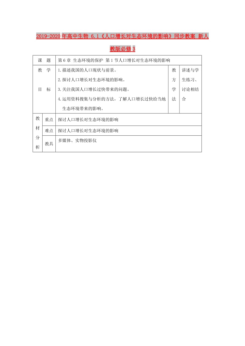 2019-2020年高中生物 6.1《人口增长对生态环境的影响》同步教案 新人教版必修3.doc_第1页