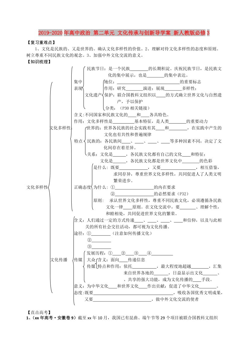 2019-2020年高中政治 第二单元 文化传承与创新导学案 新人教版必修3.doc_第1页