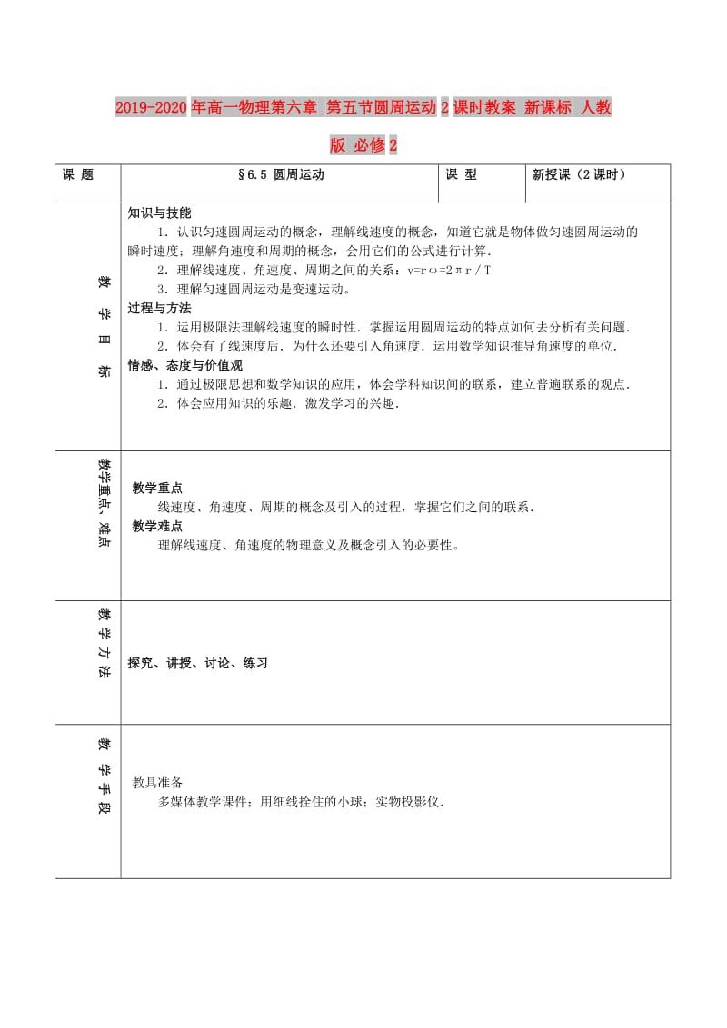 2019-2020年高一物理第六章 第五节圆周运动2课时教案 新课标 人教版 必修2.doc_第1页