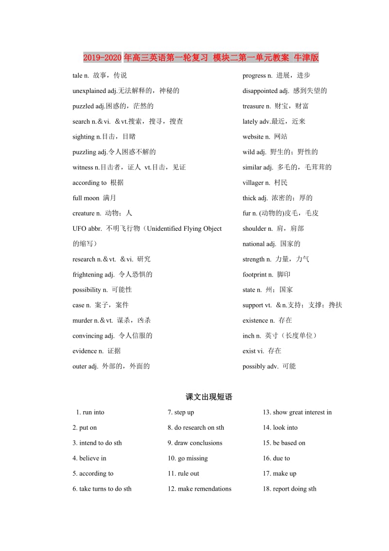 2019-2020年高三英语第一轮复习 模块二第一单元教案 牛津版.doc_第1页