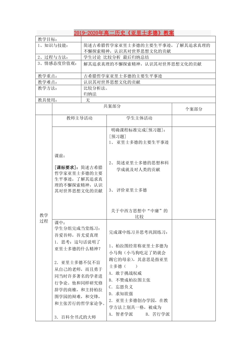 2019-2020年高二历史《亚里士多德》教案.doc_第1页