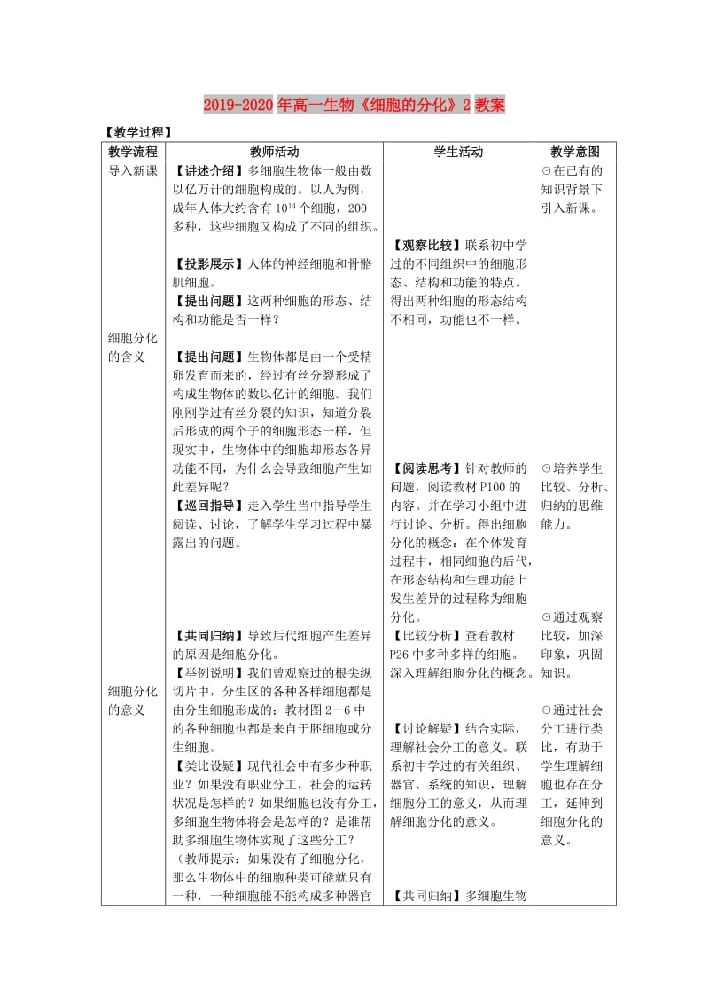 2019-2020年高一生物《细胞的分化》2教案.doc_第1页