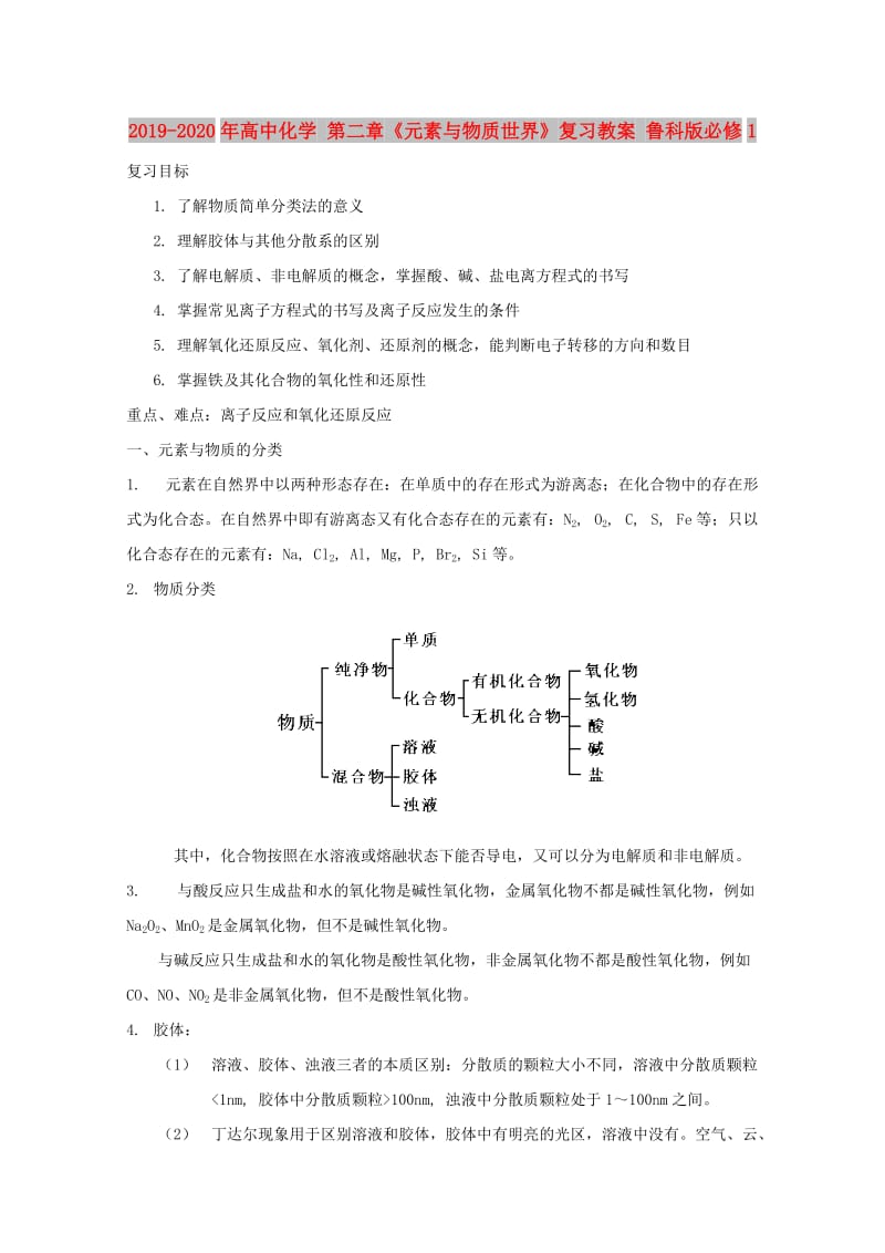 2019-2020年高中化学 第二章《元素与物质世界》复习教案 鲁科版必修1.doc_第1页