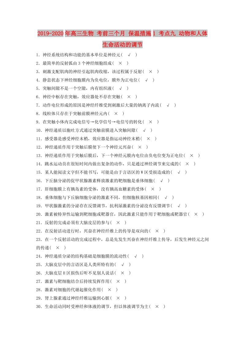 2019-2020年高三生物 考前三个月 保温措施1 考点九 动物和人体生命活动的调节.doc_第1页