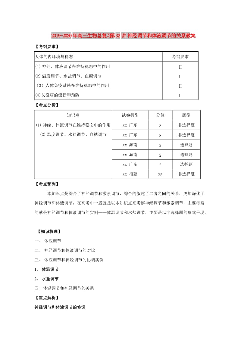 2019-2020年高三生物总复习 第32讲 神经调节和体液调节的关系教案.doc_第1页