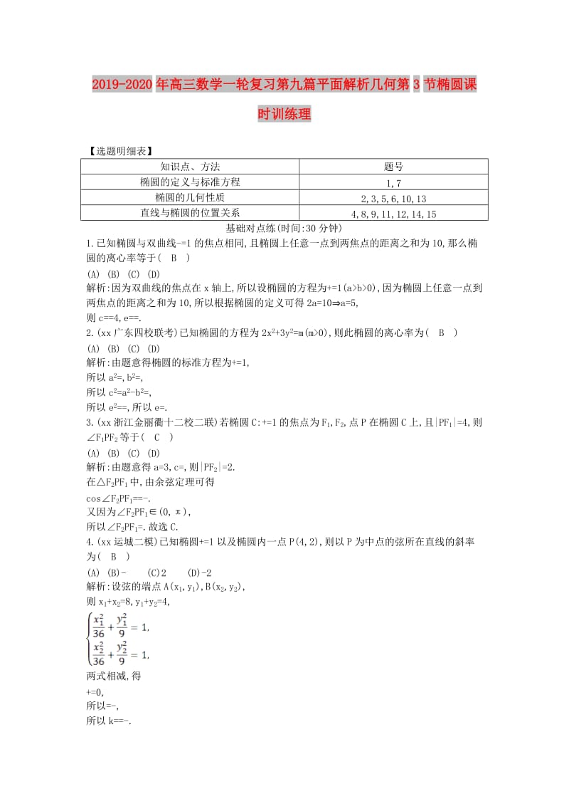 2019-2020年高三数学一轮复习第九篇平面解析几何第3节椭圆课时训练理.doc_第1页