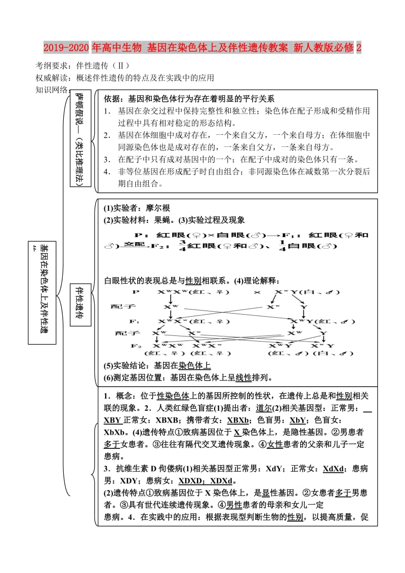 2019-2020年高中生物 基因在染色体上及伴性遗传教案 新人教版必修2.doc_第1页