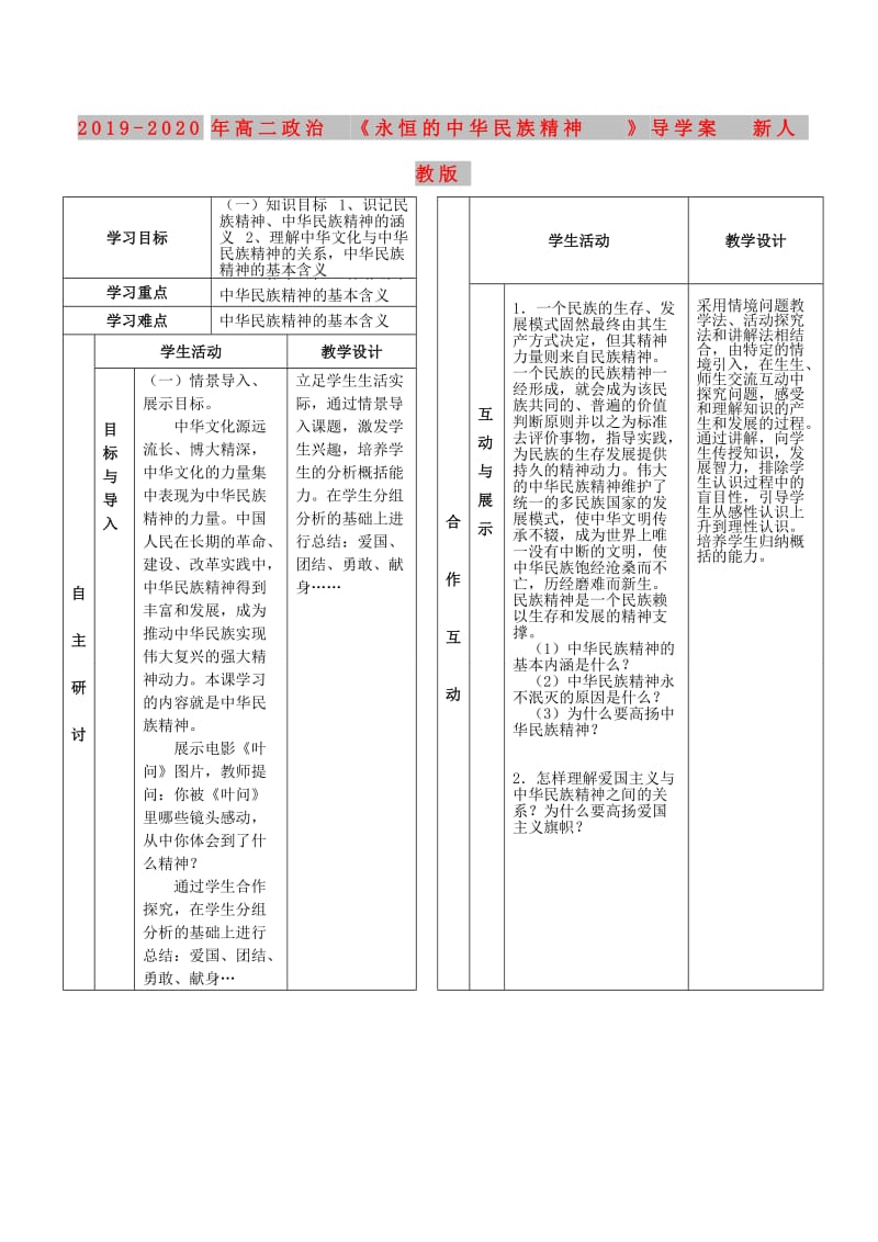 2019-2020年高二政治《永恒的中华民族精神》导学案 新人教版.doc_第1页