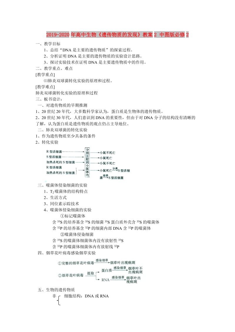 2019-2020年高中生物《遗传物质的发现》教案2 中图版必修2.doc_第1页