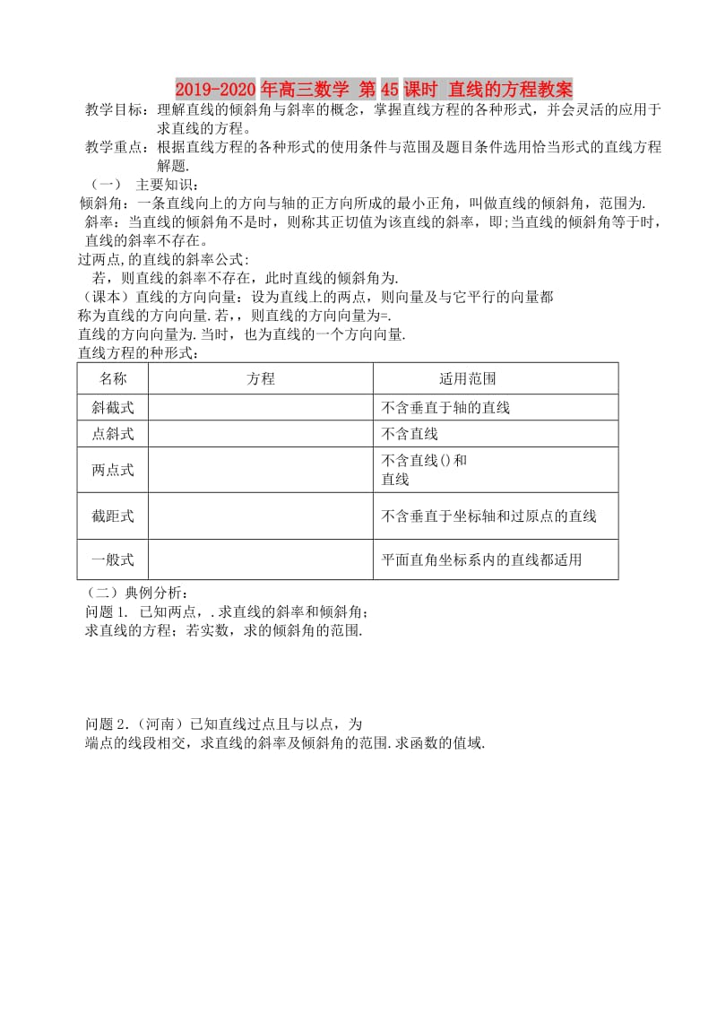 2019-2020年高三数学 第45课时 直线的方程教案 .doc_第1页