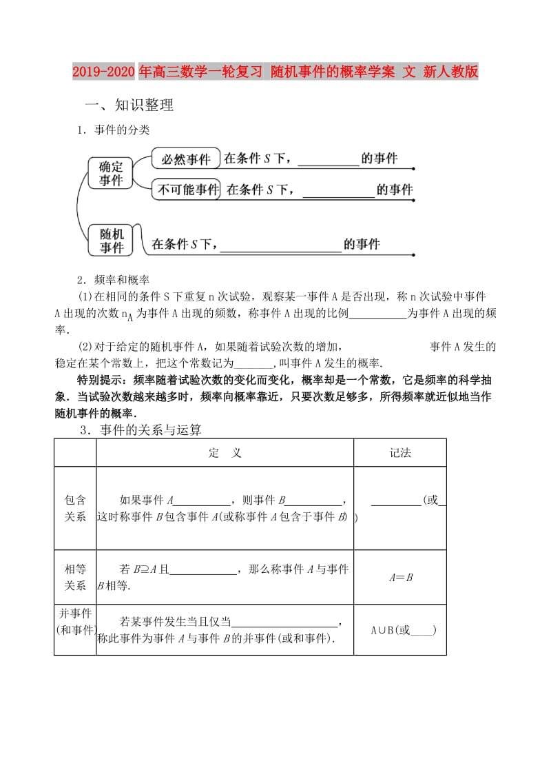 2019-2020年高三数学一轮复习 随机事件的概率学案 文 新人教版.doc_第1页