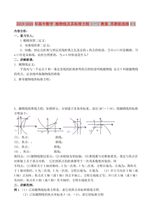 2019-2020年高中數(shù)學(xué) 拋物線(xiàn)及其標(biāo)準(zhǔn)方程（一）教案 蘇教版選修1-1.doc