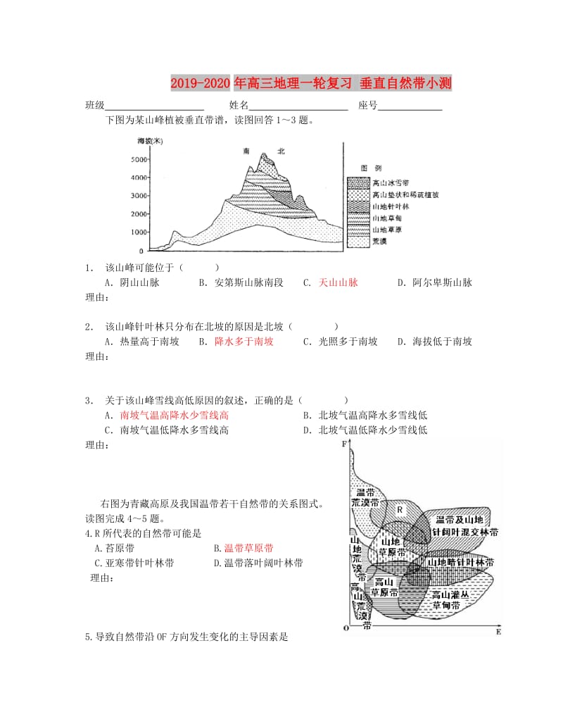 2019-2020年高三地理一轮复习 垂直自然带小测.doc_第1页