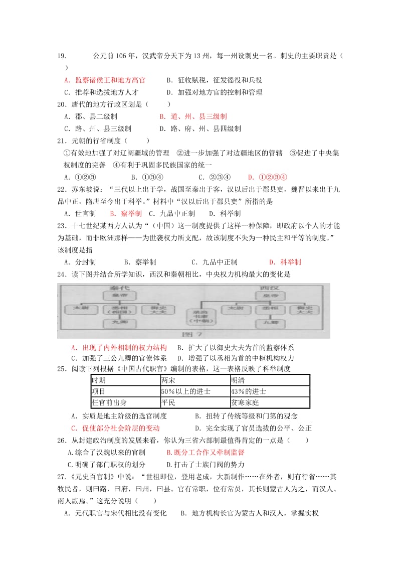 2019-2020年高一历史上学期第一次周测人民版.doc_第3页