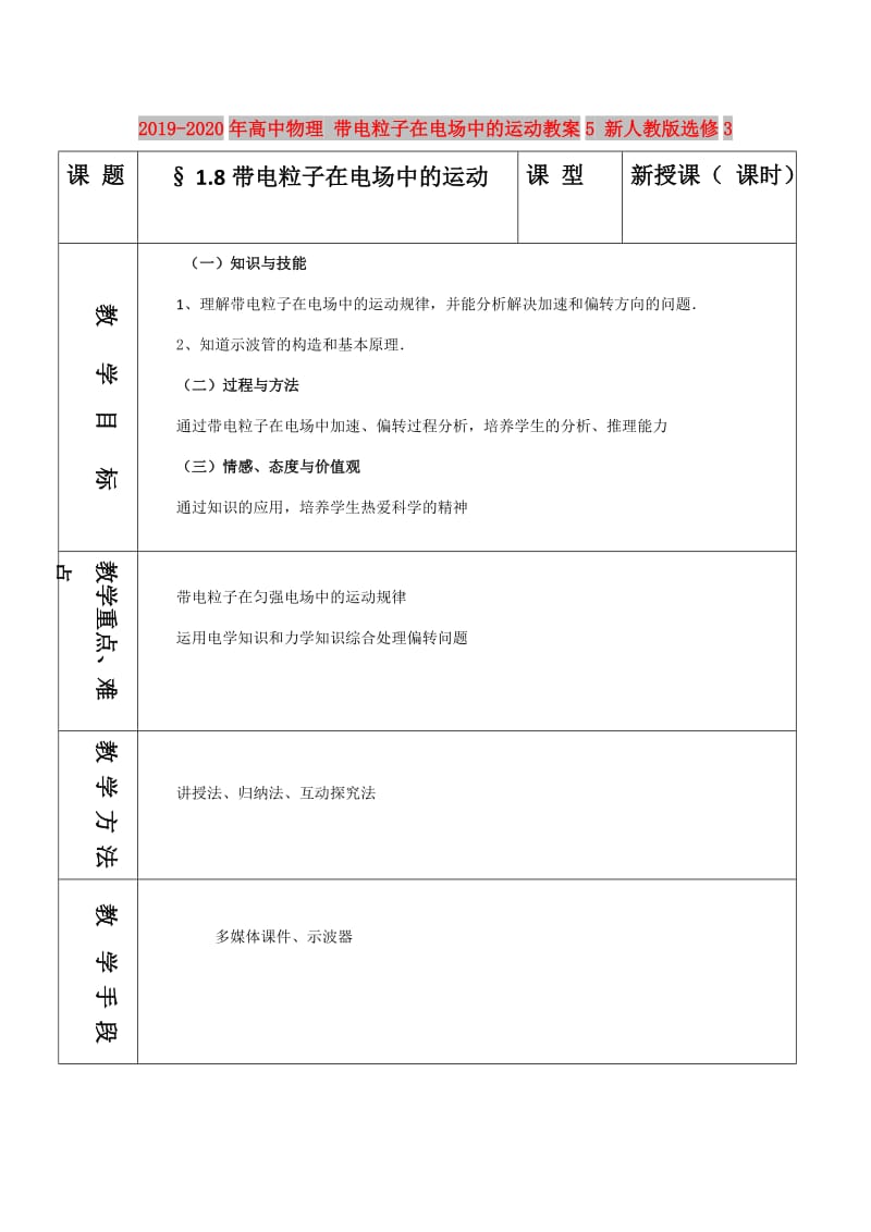 2019-2020年高中物理 带电粒子在电场中的运动教案5 新人教版选修3.doc_第1页