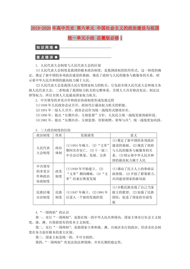 2019-2020年高中历史 第六单元 中国社会主义的政治建设与祖国统一单元小结 岳麓版必修1.doc_第1页