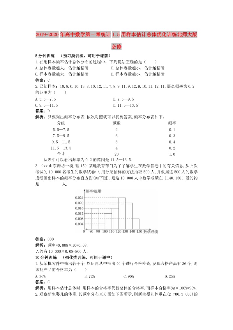 2019-2020年高中数学第一章统计1.5用样本估计总体优化训练北师大版必修.DOC_第1页