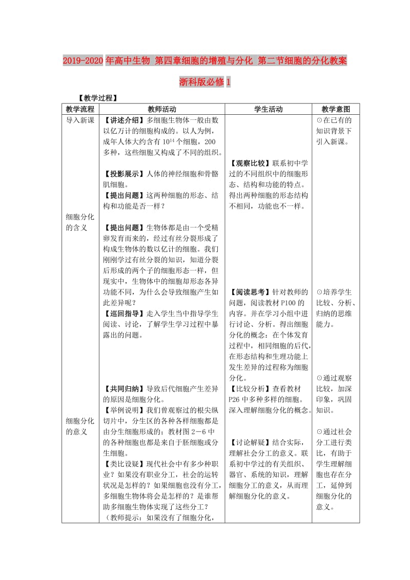 2019-2020年高中生物 第四章细胞的增殖与分化 第二节细胞的分化教案 浙科版必修1.doc_第1页