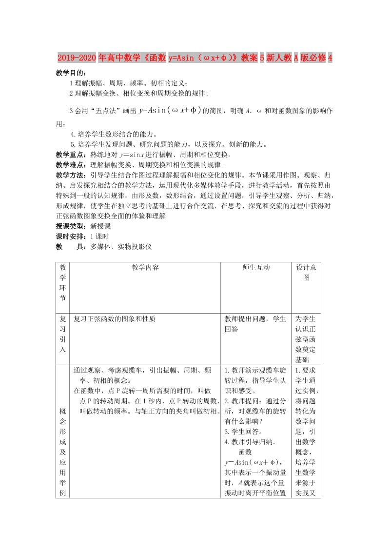 2019-2020年高中数学《函数y=Asin（ωx+φ）》教案5新人教A版必修4.doc_第1页