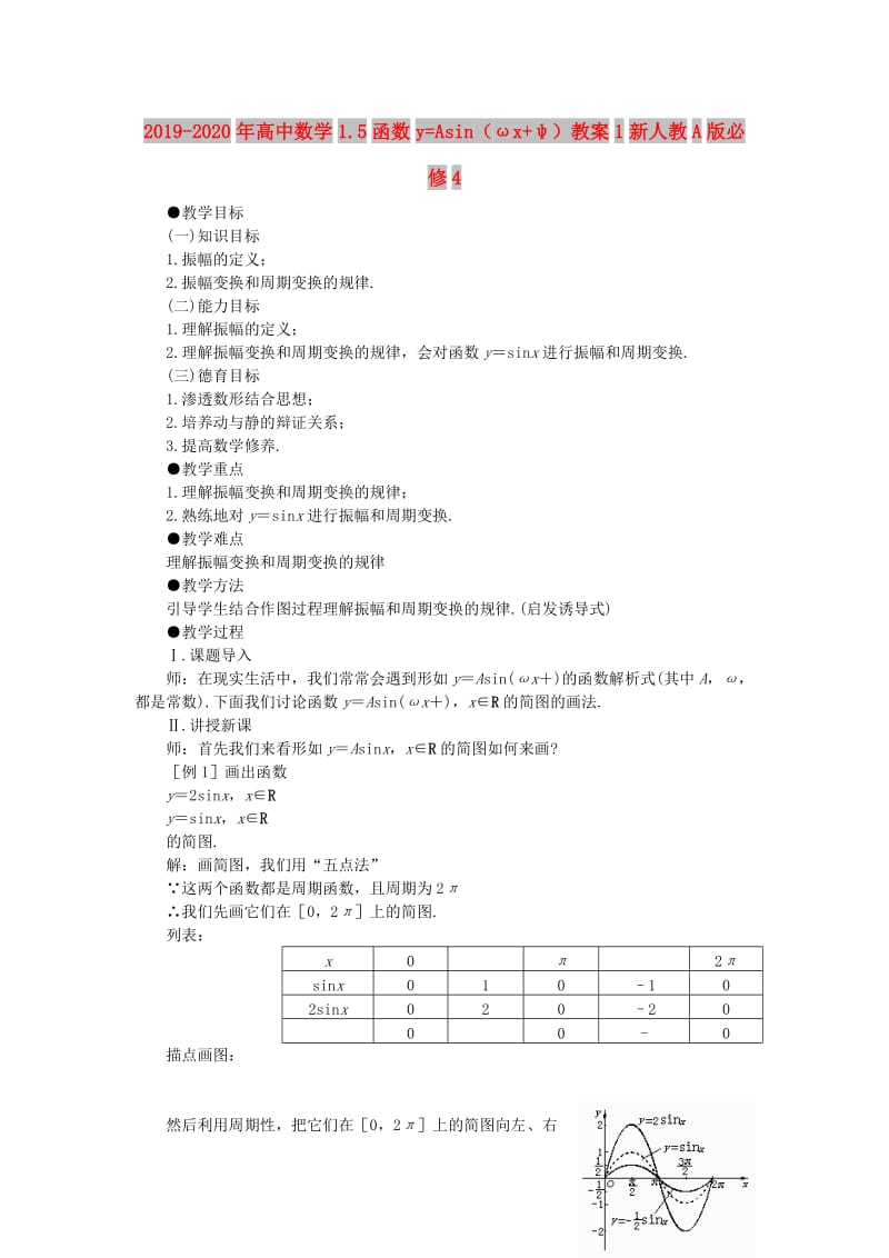 2019-2020年高中数学1.5函数y=Asin（ωx+ψ）教案1新人教A版必修4.doc_第1页